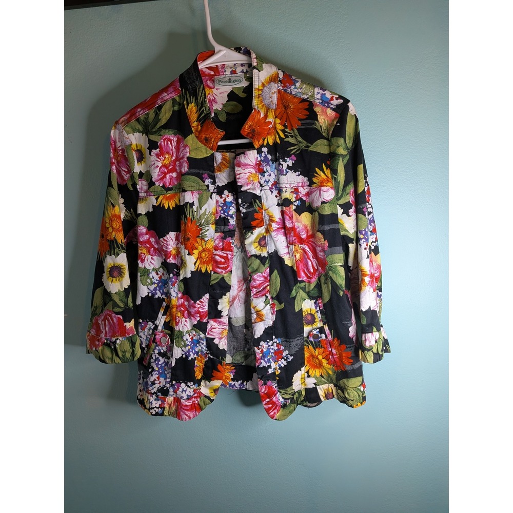 Patchington Womens Small Floral Ruffle Denim Jacket 3/4 Sleeve Black Multicolor